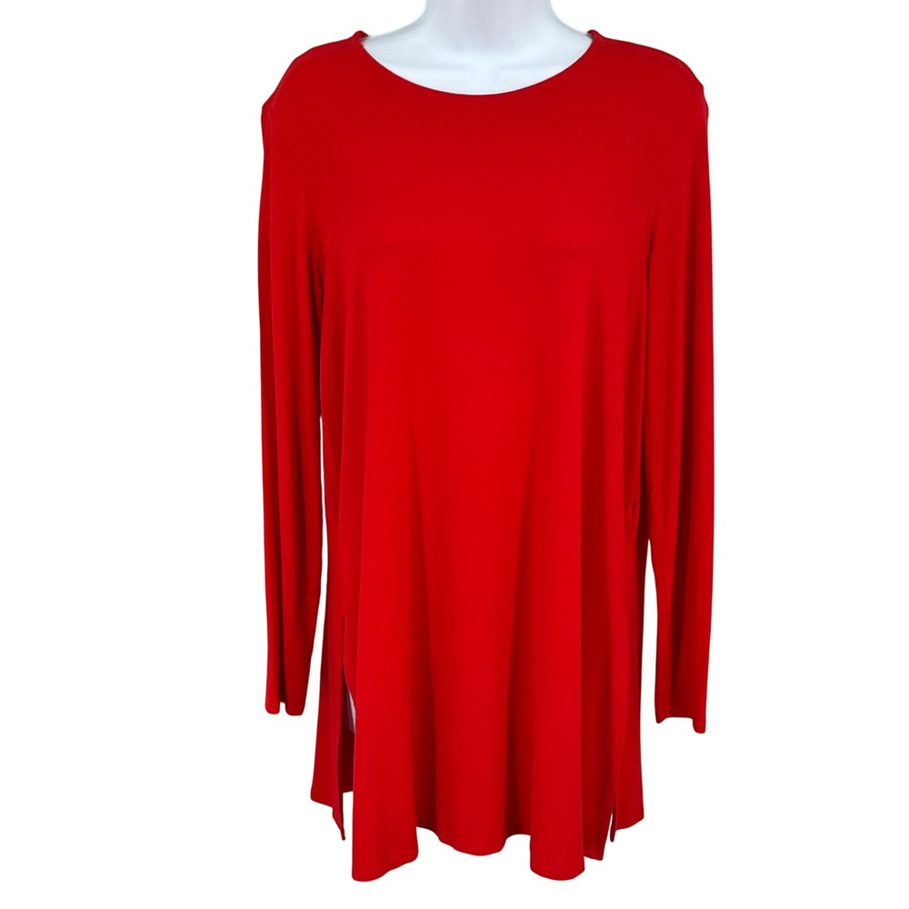 Eileen Fisher Tunic Top Womens Small Red Jersey Knit Long Sleeve Slit Minimalist